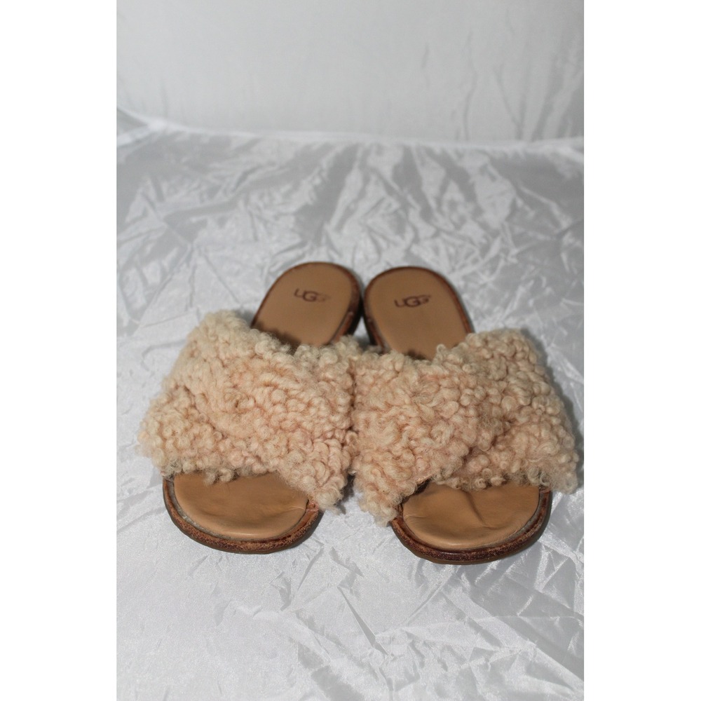 UGG Kari Fuzz Slide Sandals Women 6.5‎ Tan Sheepskin Crisscross Straps 1092227